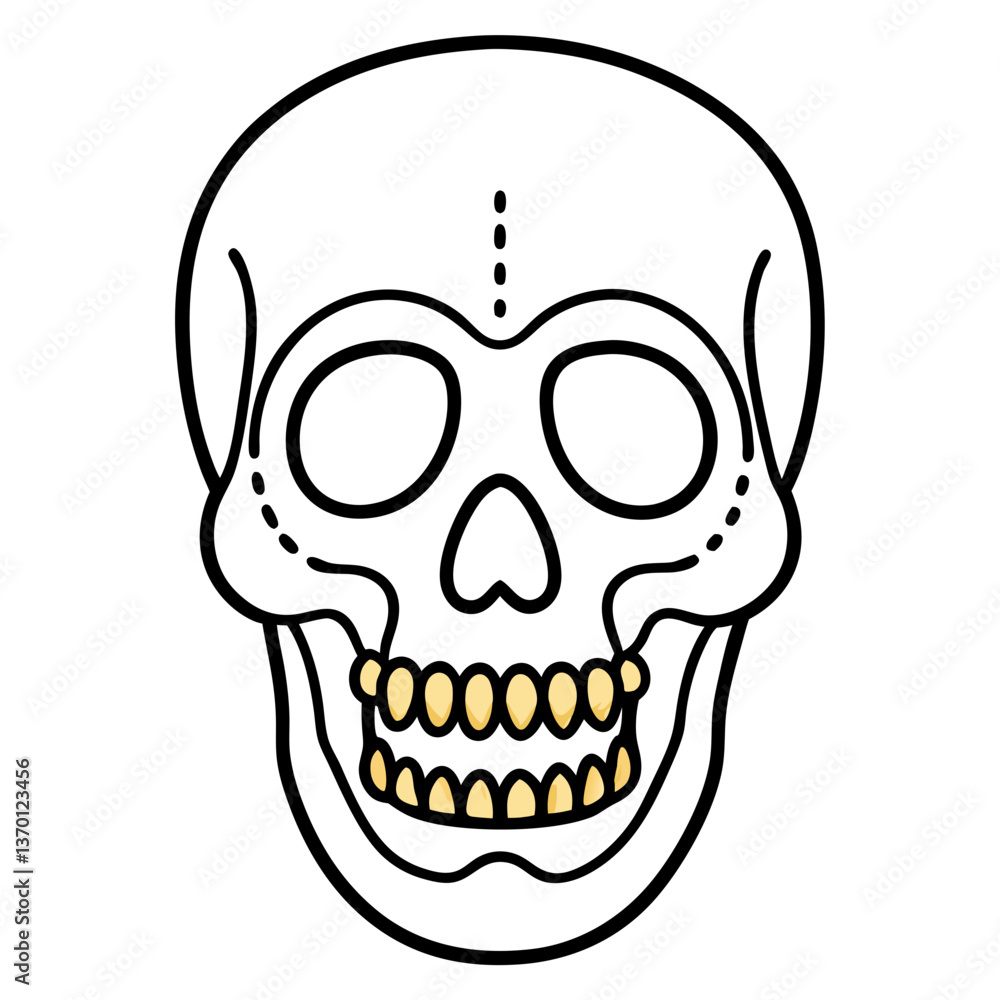Fototapeta premium Brightly decorated skull with golden teeth line art vector illustration