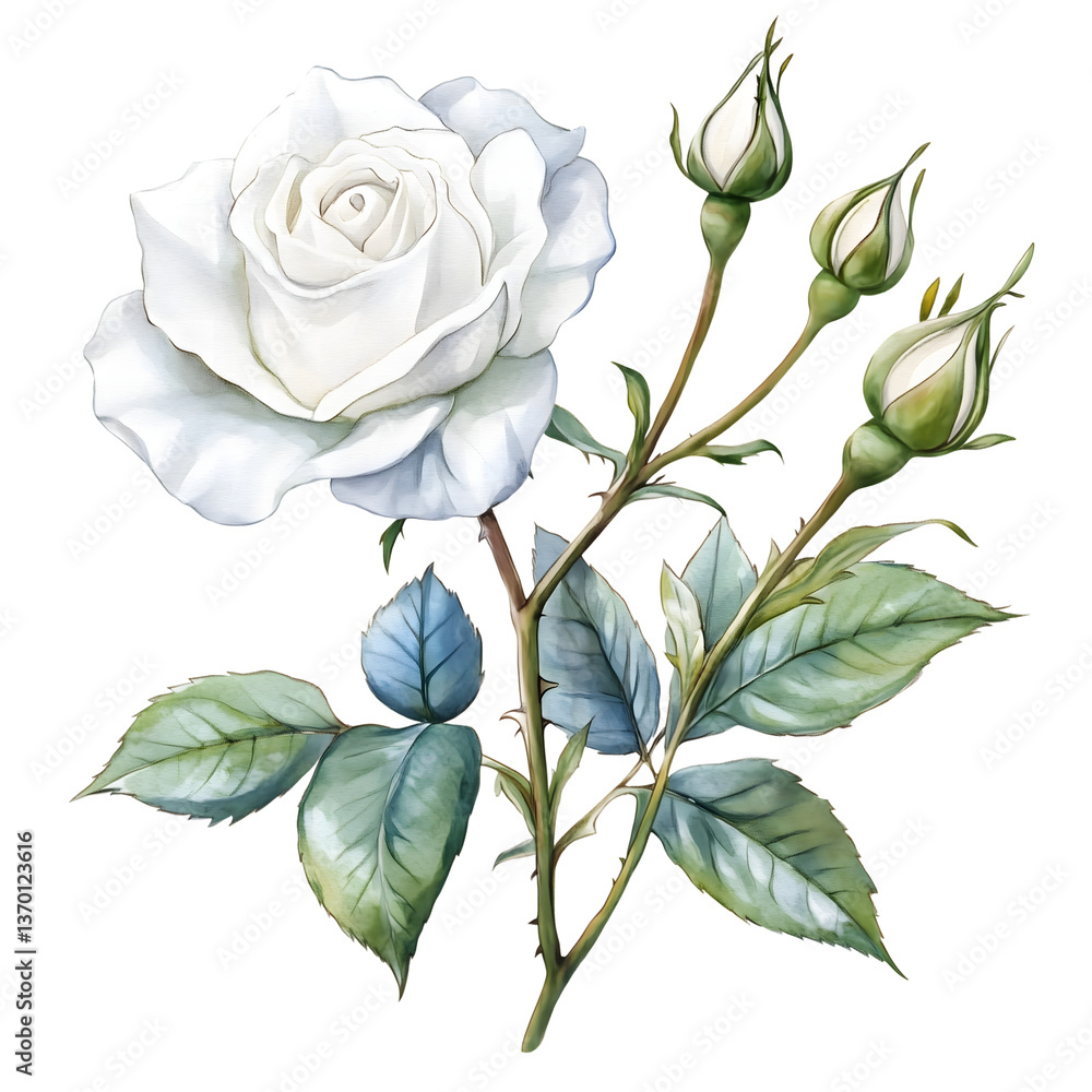 Fototapeta premium Exquisite Watercolor Painting of a White Rose with Buds, isolated on transparent Background