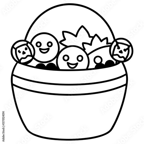 Candy bucket filled with halloween treats line art vector illustration