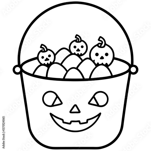 Candy bucket filled with halloween treats line art vector illustration
