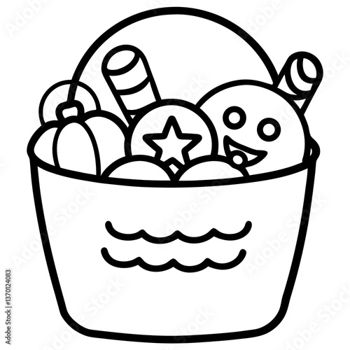 Candy bucket filled with halloween treats line art vector illustration