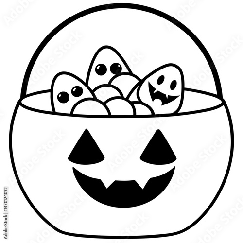 Candy bucket filled with halloween treats line art vector illustration