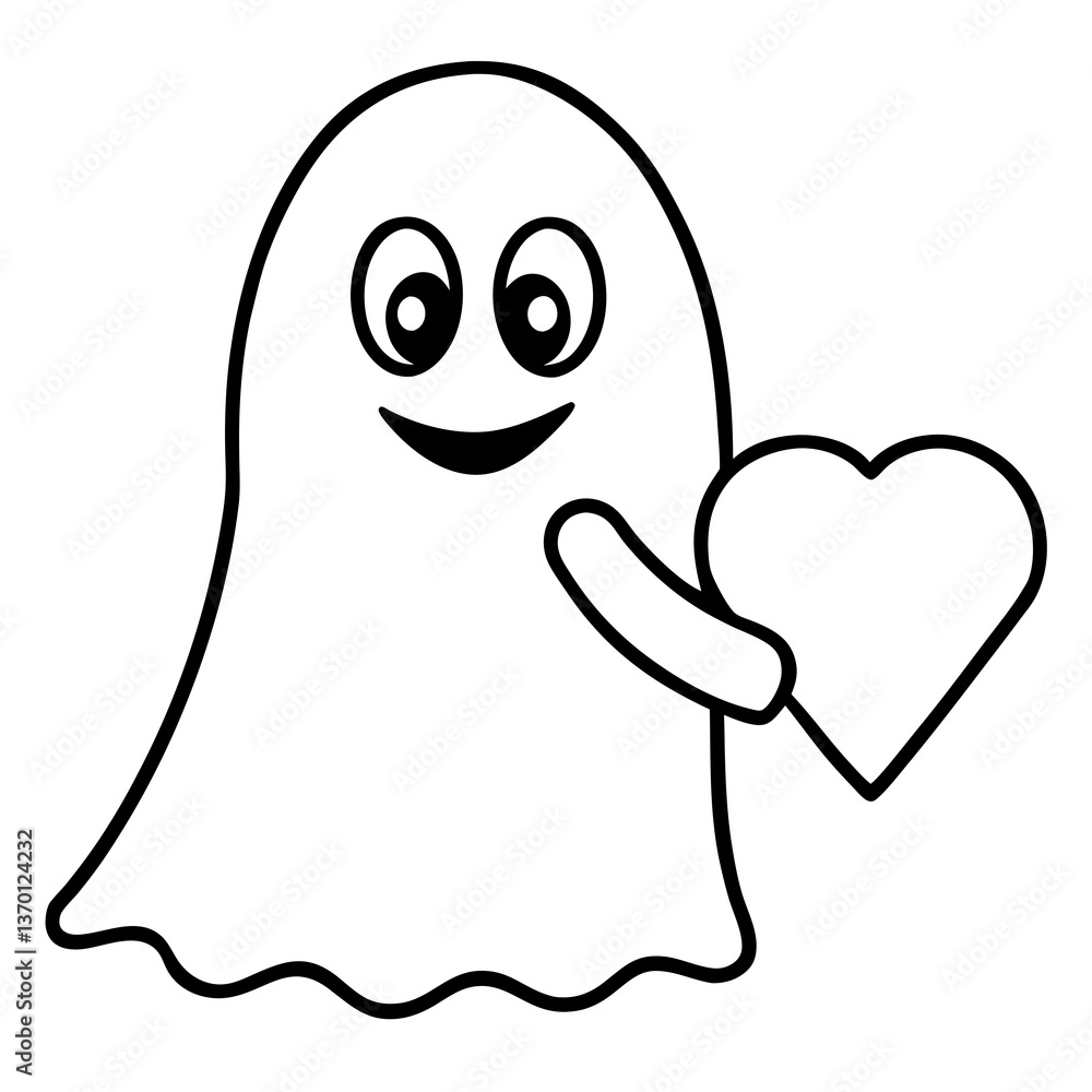 Cartoon ghost holding a heart line art vector illustration Cartoon ghost holding a heart line art vector illustration