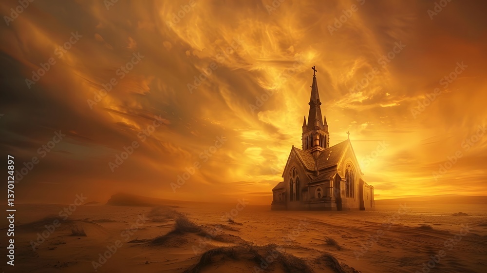 Obraz premium Beautiful Church Silhouette at Sunset: A Scenic Display of Spiritual Architecture and Idyllic Skies