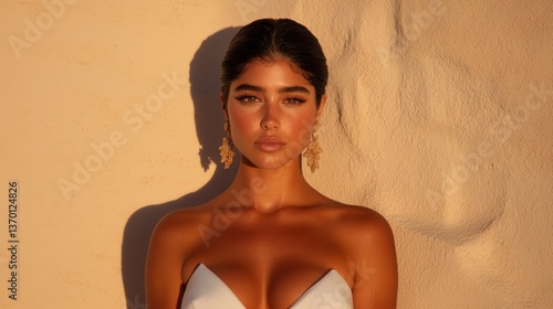 Sunlit Beauty: Fashion Portrait of a Woman in Strapless Dress and Elegant Earrings