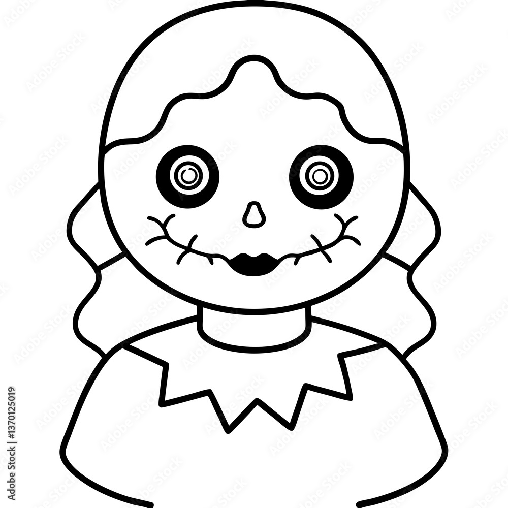 Obraz premium Creepy doll with a cracked face line art vector illustration