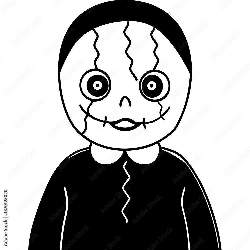 Obraz premium Creepy doll with a cracked face line art vector illustration