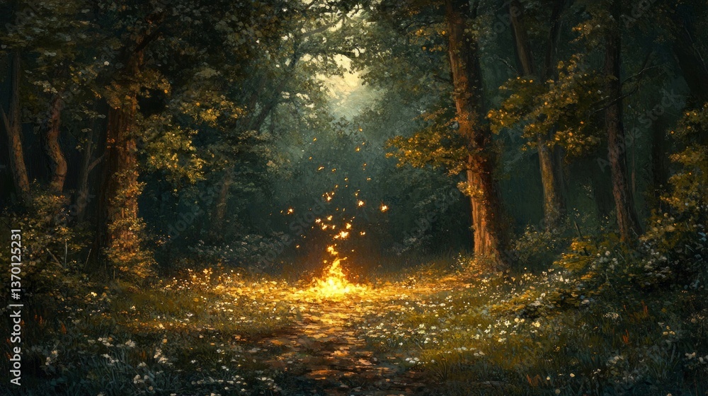 Magical Forest Path with Glowing Fire and Golden Light Magical Forest Path with Glowing Fire and Golden Light