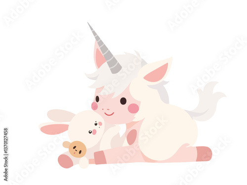 little whimsical cute unicorn is playing with her bunny toy, white background, clipart 