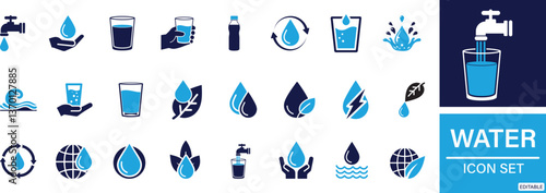  Water icon set . Drinking Water, Water Bottle, Splash, You can easily change the color