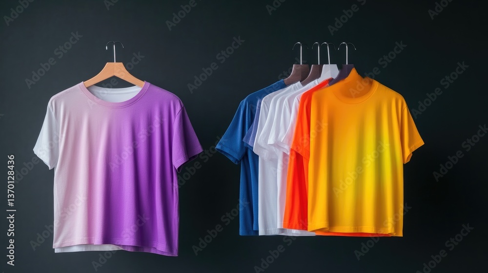 Colorful gradient t-shirts on hangers against a dark background Colorful gradient t-shirts on hangers against a dark background