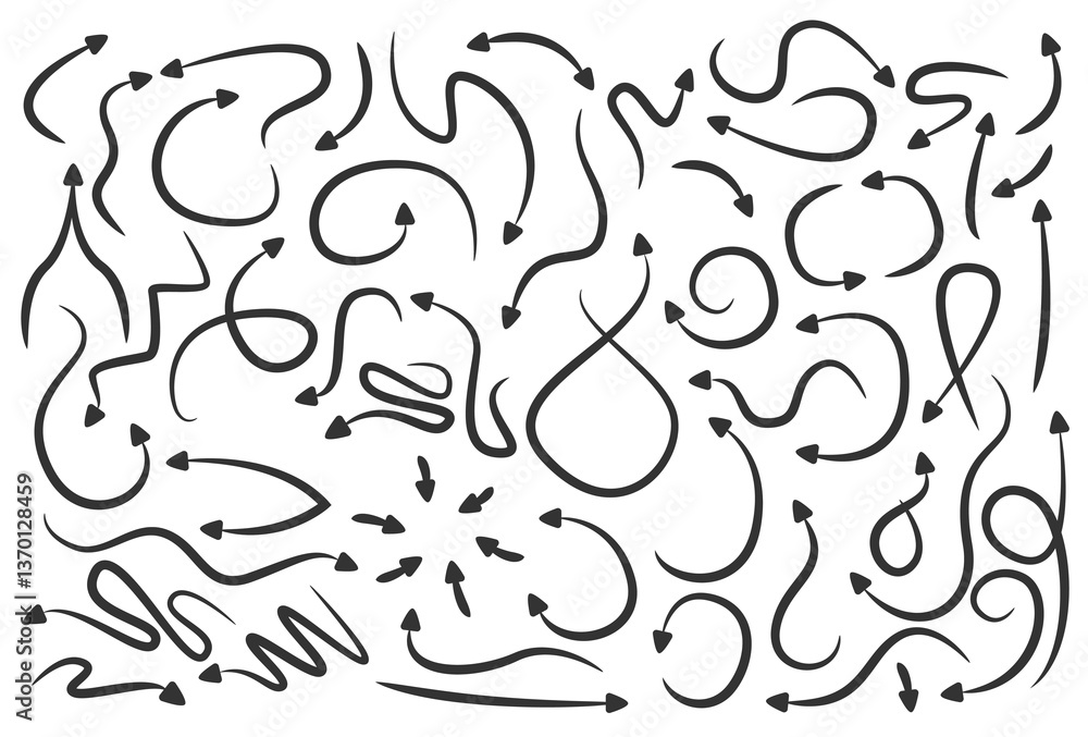 Fototapeta premium Hand drawn arrows and sketch doodle style curved arrows collection flat vector illustration.