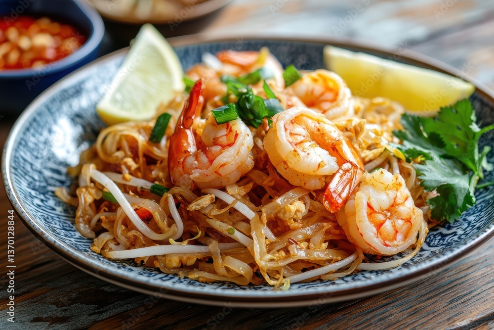 A vibrant plate of shrimp stir-fried noodles garnished with herbs, lime, and sprouts, served in a decorative bowl. A vibrant plate of shrimp stir-fried noodles garnished with herbs, lime, and sprouts, served in a decorative bowl.