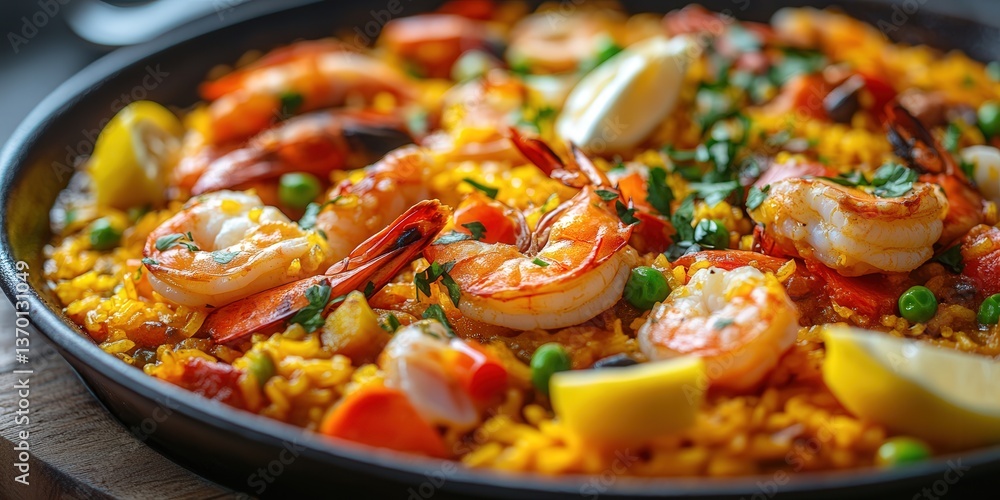 A vibrant seafood paella with shrimp, mussels, and lemon wedges garnished with parsley in a black pan. A vibrant seafood paella with shrimp, mussels, and lemon wedges garnished with parsley in a black pan.