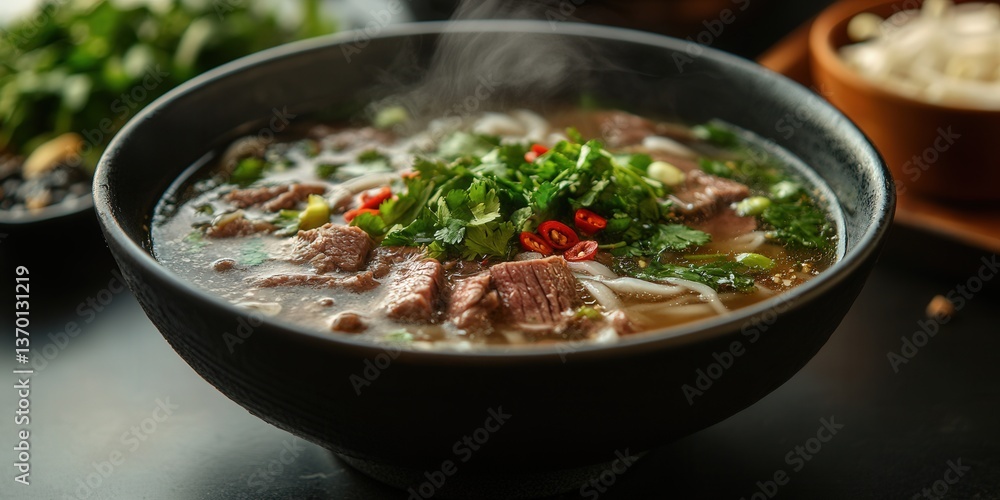Steaming bowl of Vietnamese pho with beef, herbs, and noodles, garnished with chilies. Steaming bowl of Vietnamese pho with beef, herbs, and noodles, garnished with chilies.