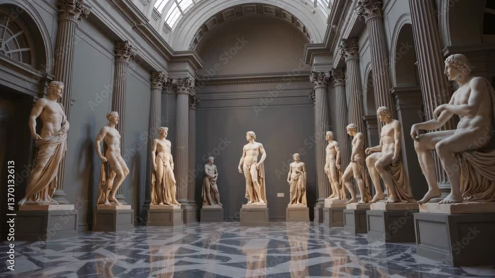 Elegant gallery exploration: timeless marble statues in majestic hall Elegant gallery exploration: timeless marble statues in majestic hall