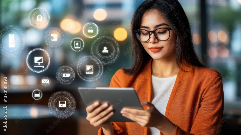 Young Woman Using Digital Tablet in Modern Office Setting Young Woman Using Digital Tablet in Modern Office Setting