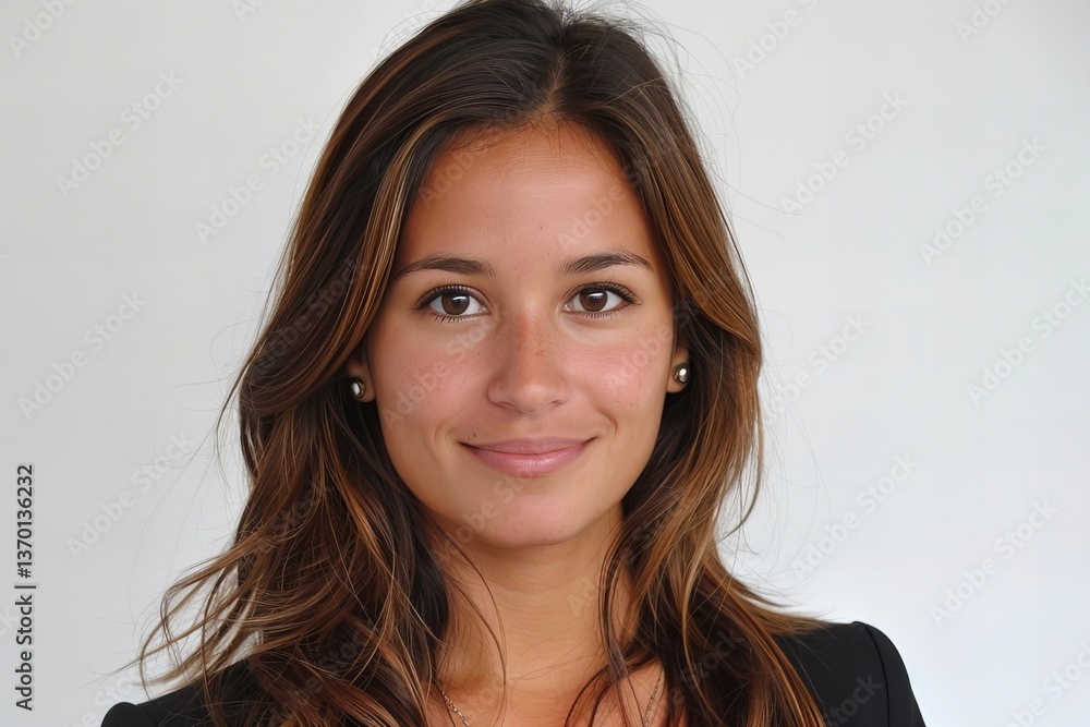 Confident and Strong: A Young Uruguayan Woman Poses with Arms Crossed in Front of White Background Confident and Strong: A Young Uruguayan Woman Poses with Arms Crossed in Front of White Background