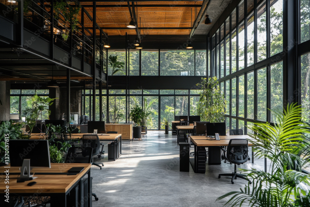 Naklejka premium This contemporary office features large windows allowing natural light to flood the open space, complemented by high ceilings and lush plants creating an inviting atmosphere for employees