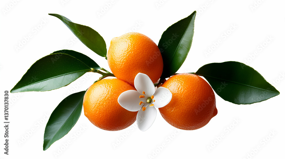 Three Ripe Mandarin Oranges with Blossom and Green Leaves Three Ripe Mandarin Oranges with Blossom and Green Leaves