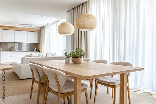 Minimalist Interior Dining Room, interior design of a residential dining room with tables and chairs made from wood. Generative AI
