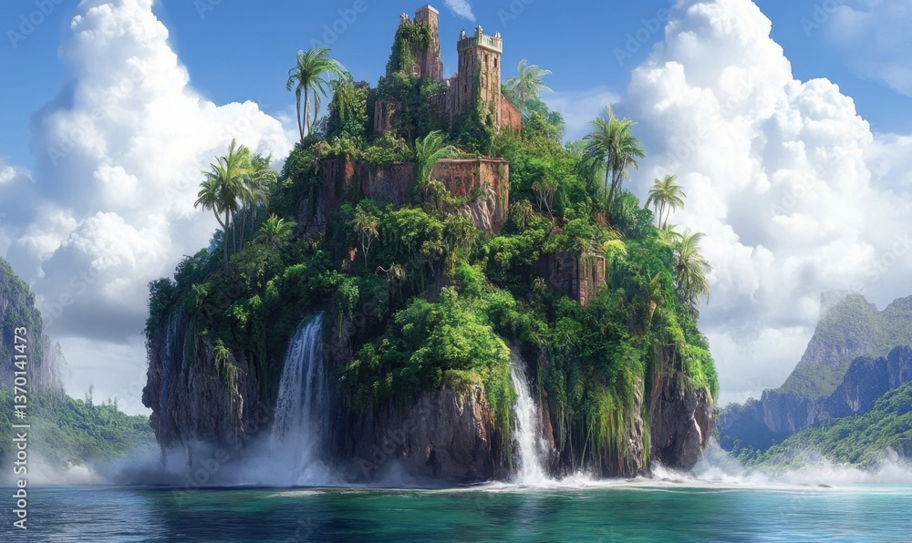 Naklejka premium Tropical island castle ruins with waterfalls, ocean, clouds, fantasy landscape