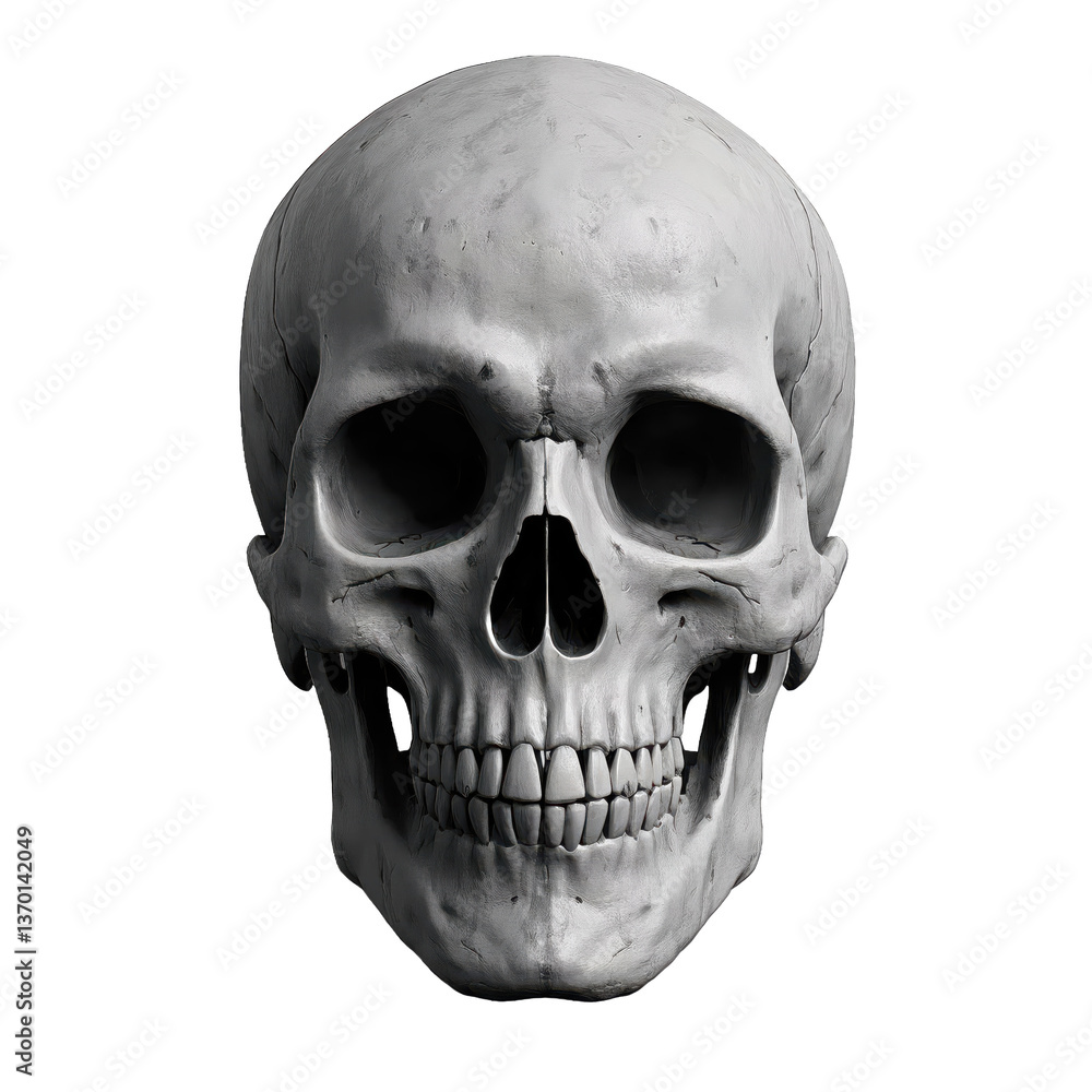 A detailed front view of a human skull with a black background and visible teeth and bone structure A detailed front view of a human skull with a black background and visible teeth and bone structure
