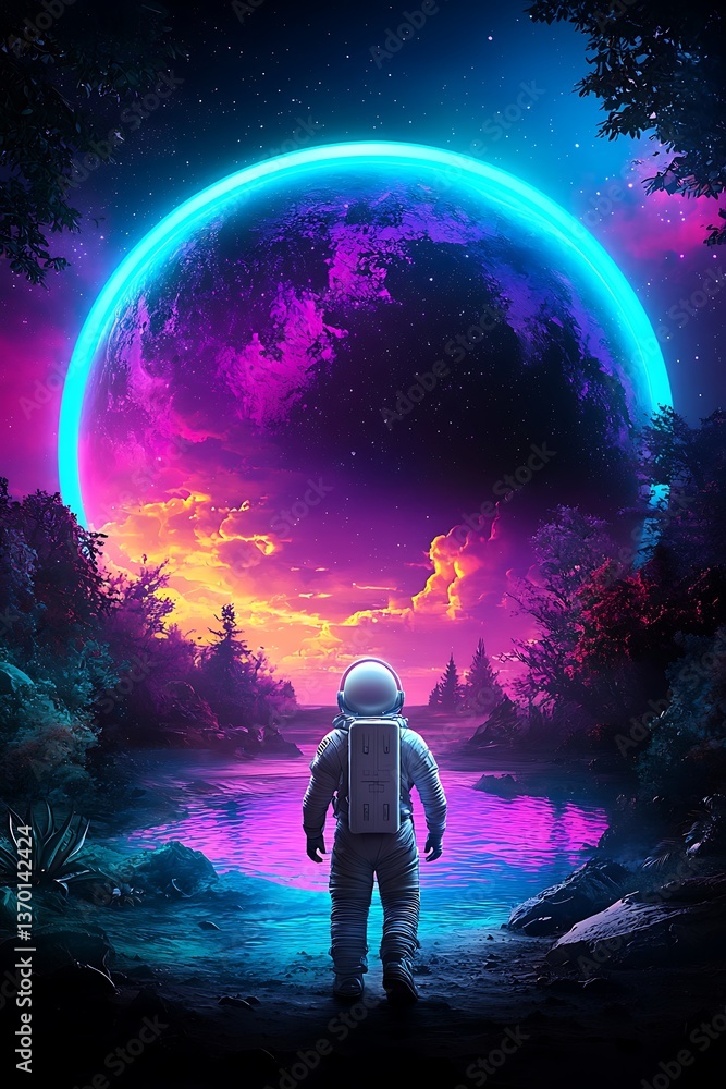 Obraz premium Astronaut, Nebula, Forest, Planet