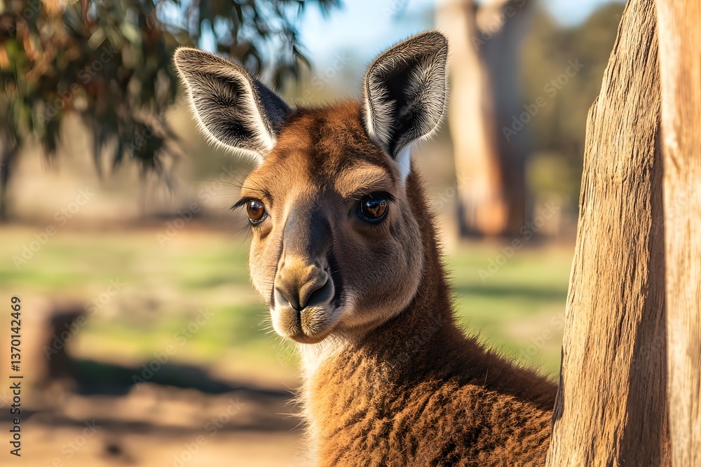 Obraz premium Curious kangaroo peers behind a tree, sunlit fur, soft focus background