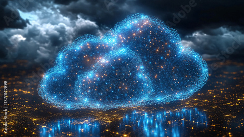 A vibrant, glowing digital cloud hovers over a cityscape, illuminated by lights, set against a dramatic sky filled with dark clouds.
