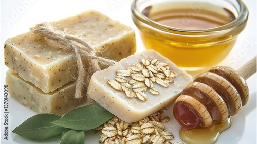 Creating natural soap bars with oats and honey home kitchen diy tutorial bright setting close-up eco-friendly concept