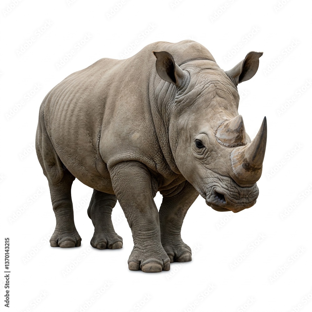 Fototapeta premium Powerful rhinoceros standing isolated on white background, perfect for wildlife stock photography