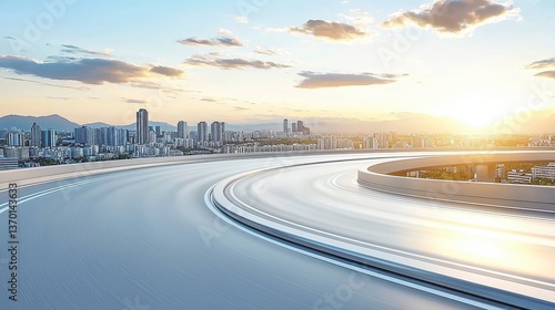 City skyline with a winding road at sunset.
