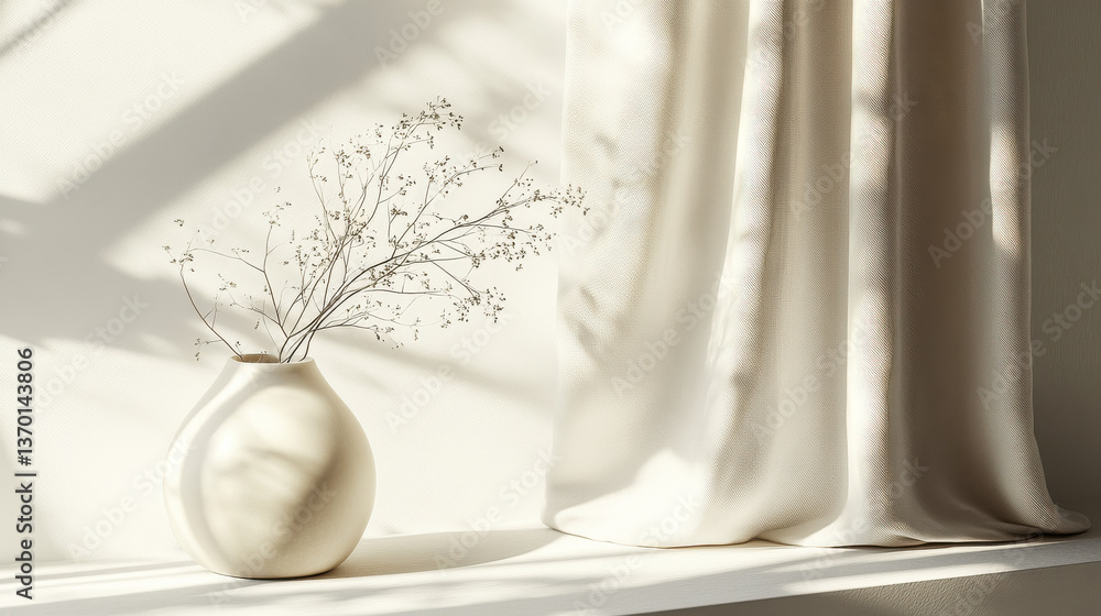 A serene still life composition featuring a smooth ivory vase with sparse dried botanicals, resting on a sunlit ledge with elegant curtain folds behind A serene still life composition featuring a smooth ivory vase with sparse dried botanicals, resting on a sunlit ledge with elegant curtain folds behind