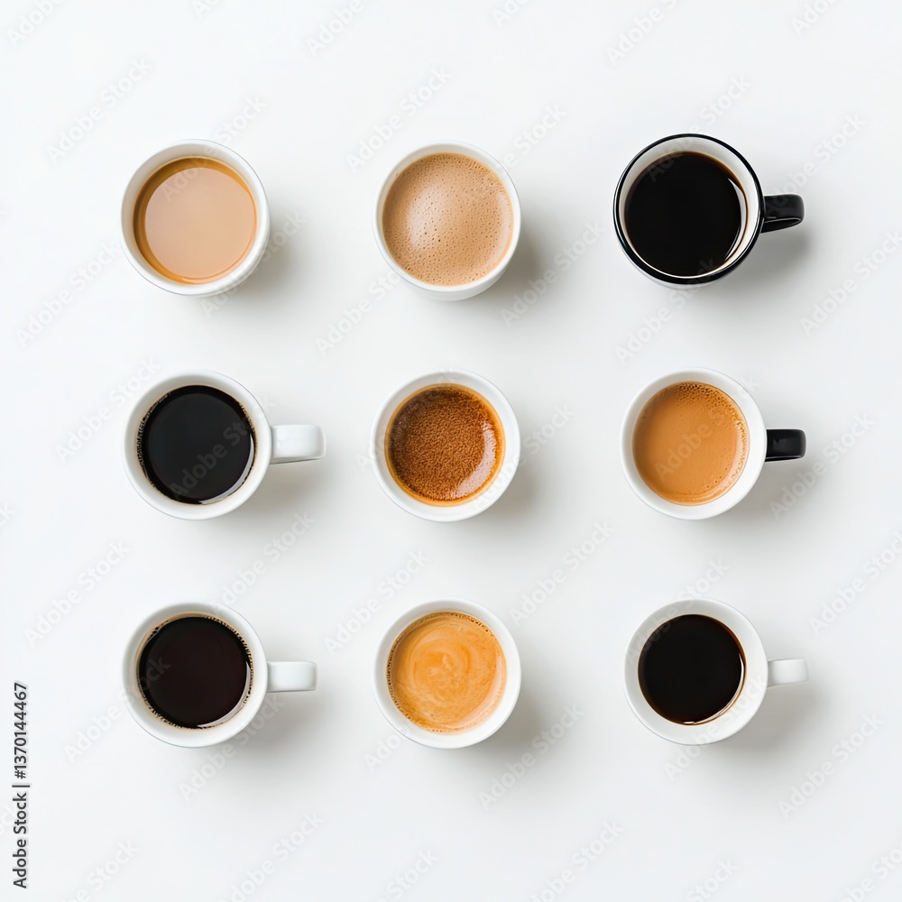 Artistic flat lay of coffee cups on white surface minimalist aesthetic high-quality photography Artistic flat lay of coffee cups on white surface minimalist aesthetic high-quality photography