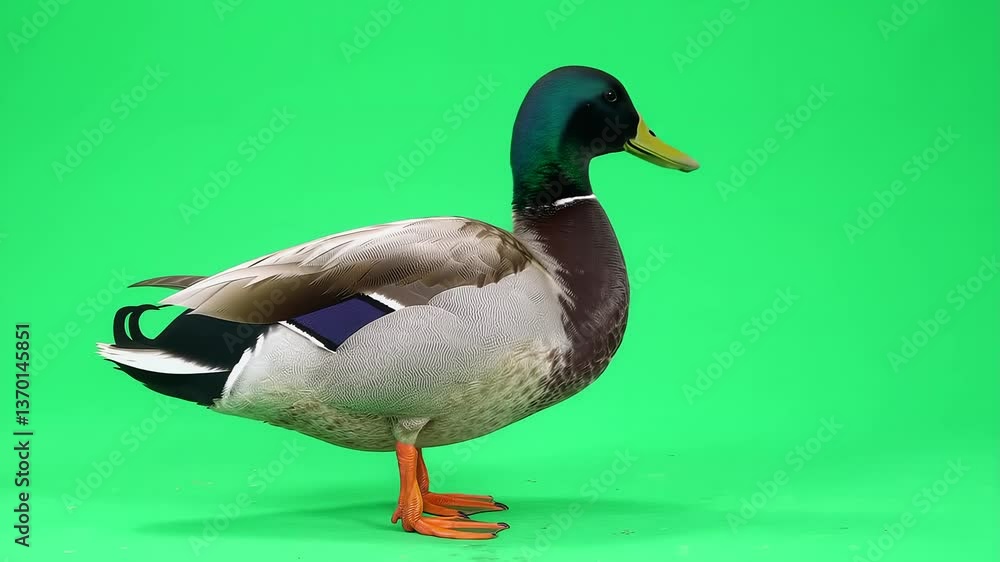 Mallard Duck on Green Screen: Stock Photo of a Male Duck with Iridescent Head, Brown Chest, and Orange Feet for Commercial Use Mallard Duck on Green Screen: Stock Photo of a Male Duck with Iridescent Head, Brown Chest, and Orange Feet for Commercial Use