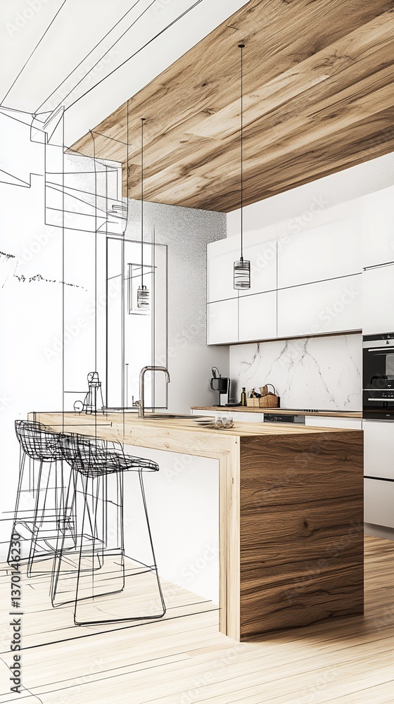 Modern Kitchen Design Rendering with Architectural Sketch Overlay
