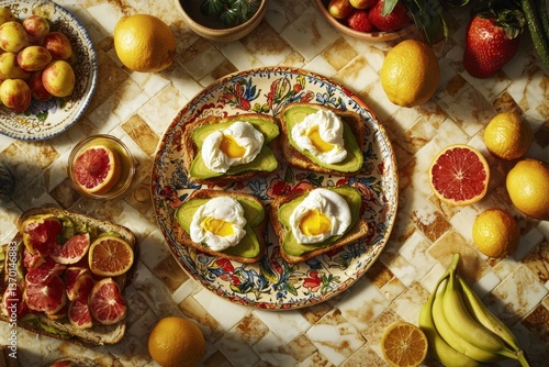 Wallpaper Mural Overhead shot of avocado toast with poached eggs, accompanied by fresh fruit, creates a vibrant and healthy breakfast or brunch setting on a patterned surface. Torontodigital.ca