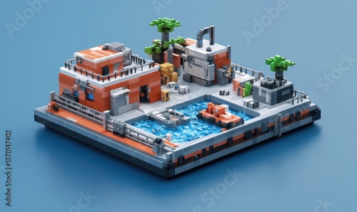 Voxel island port with tugboat, cargo, and building on blue background