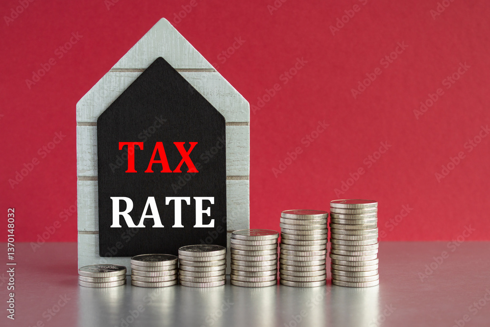 Tax rate symbol. Concept words Tax rate written on a black board. Silver coins arranged in a graph in front. Beautiful red background, grey table. Business concept.