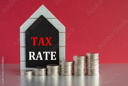 Obraz na płótnie Tax rate symbol. Concept words Tax rate written on a black board. Silver coins arranged in a graph in front. Beautiful red background, grey table. Business concept. w salonie