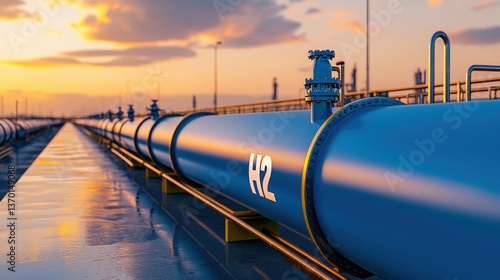 A vibrant sunset reflects on industrial pipelines labeled with 