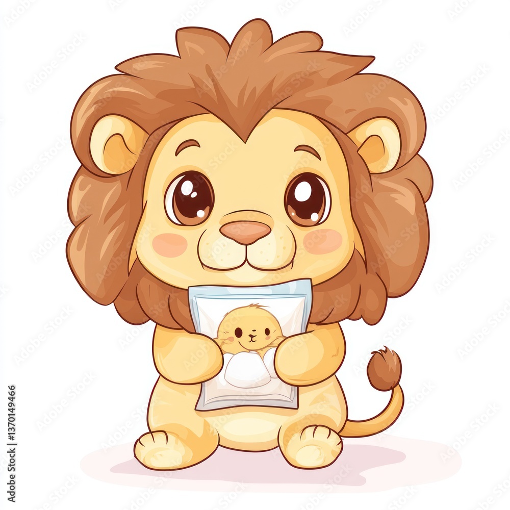 Obraz premium Cute lion holding a treat bag. A small, adorable lion with big eyes is holding a bag of food. The lion's fur is a light brown and the bag is a pale yellow