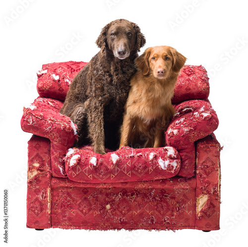 Canvas Print Lovely dogs on a ripped old armchair