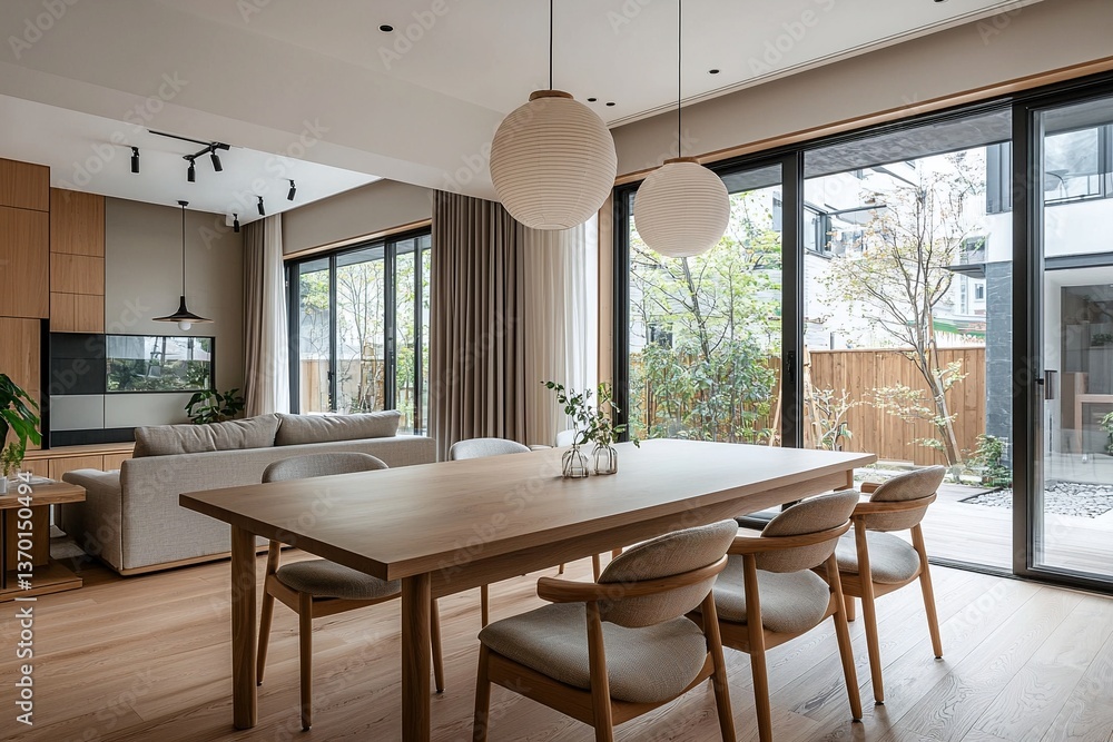 Minimalist interior, interior design of a residential dining room with table and chair in view. Generative AI