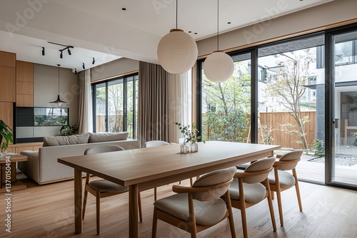 Obraz na płótnie Minimalist interior, interior design of a residential dining room with table and chair in view. Generative AI
w salonie