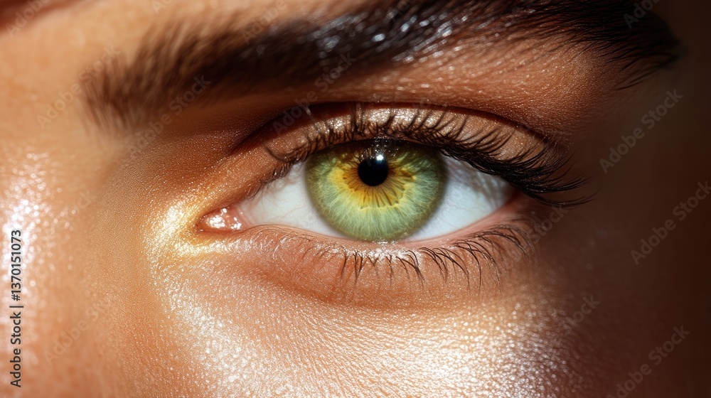 Obraz premium Close-up of a woman's eye with striking green color. Detailed view of makeup, skin, and light reflection