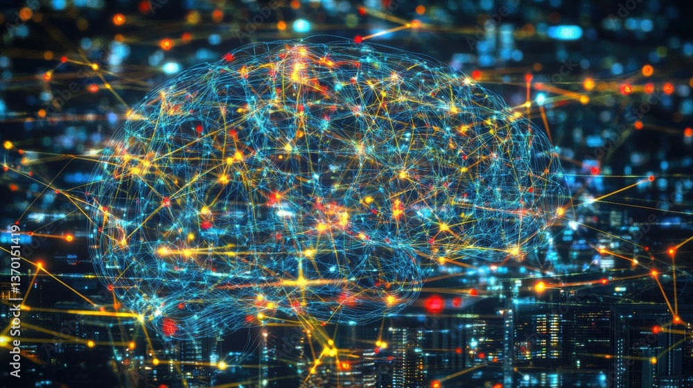 Obraz premium Abstract Glowing Neural Network Brain Visualization Cityscape Background