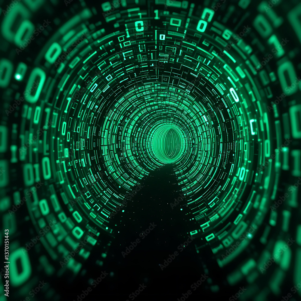 Fototapeta premium Abstract Digital Tunnel of Binary Code Green Glowing Data Stream