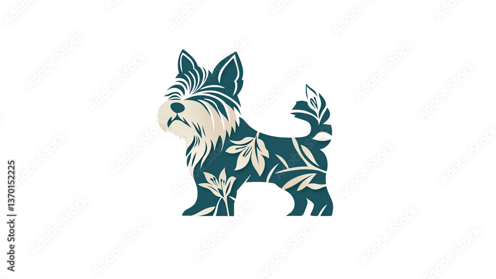 Obraz premium Elegant Teal Floral Yorkshire Terrier Dog Silhouette